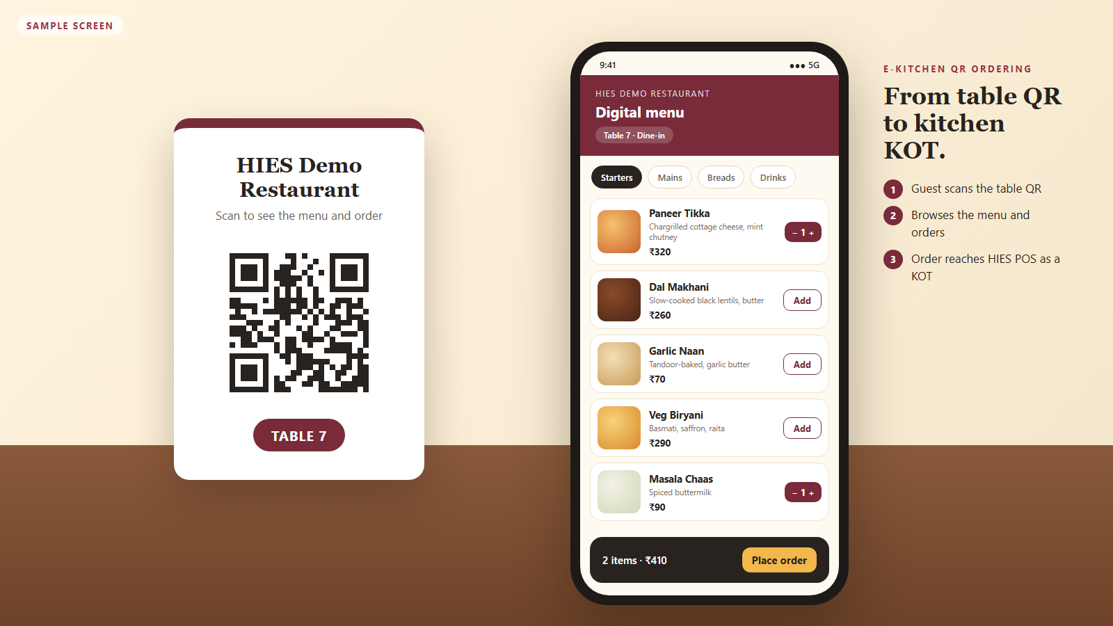 Sample e-Kitchen screen: a table QR card and a guest phone showing the digital menu with items in the cart