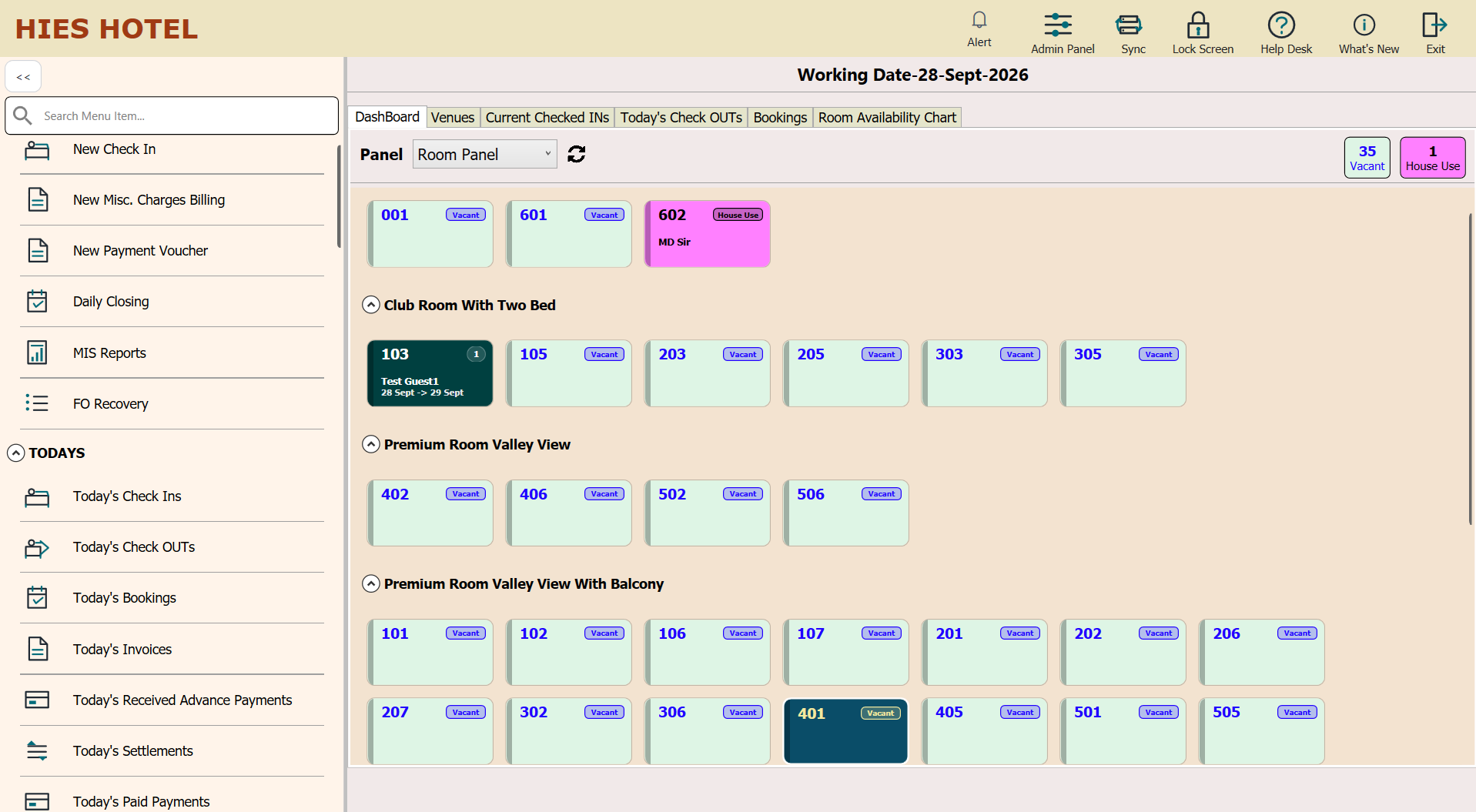 HIES Front Office room panel showing room status by room category, with the day's tasks in the side menu