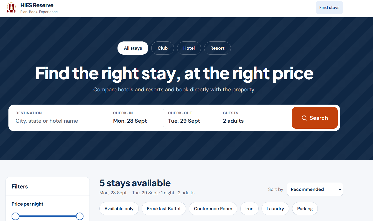 HIES Reserve search page with destination, dates, guests, and available stays