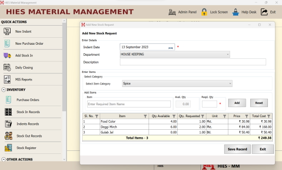 HIES Material Management new stock request form with department and item lines