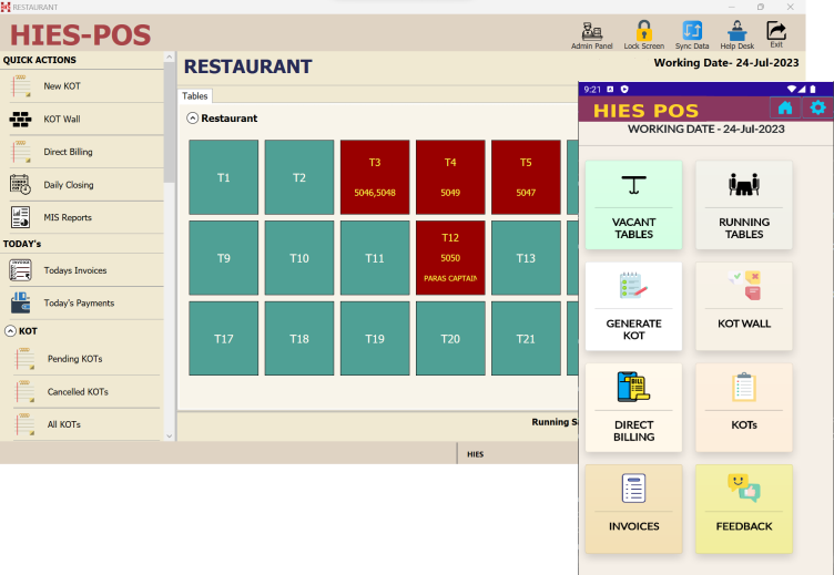 HIES POS table panel beside the HIES POS mobile ordering screen